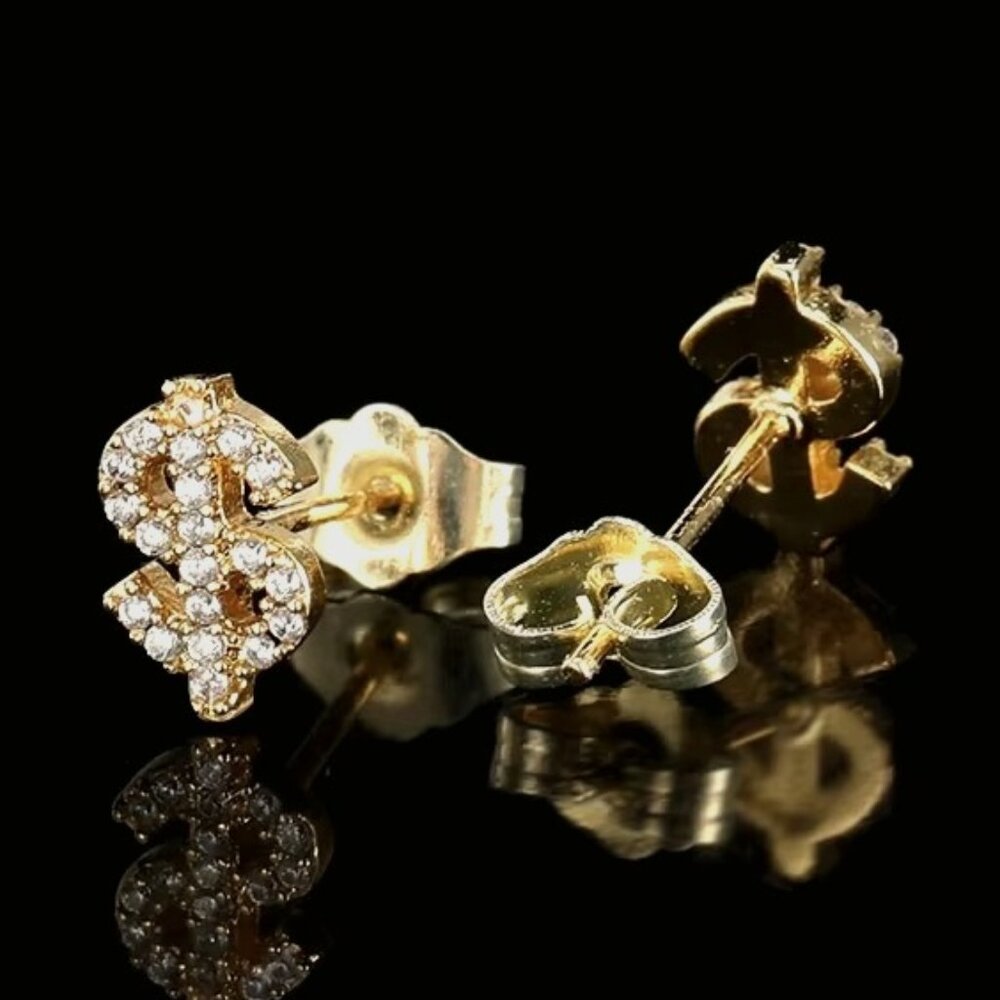 🆕 Dollar Sign Diamond Studded Earrings, 18K Yellow Gold Hypoallergenic 🆕